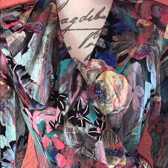 🌼Vintage Multicolor Marble Floral Ruffle Side Tie Pencil Dress - Picture 3 of 12